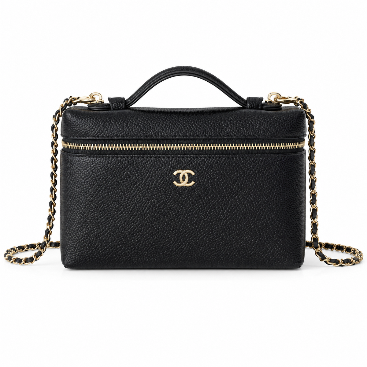 Chanel Black Pebbled Leather Mini Top Handle Zip Bag Gold Chain Crossbody