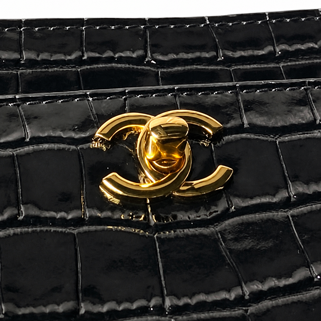CHANEL Black Patent Croc-Embossed Leather Large Tote Bag CC Turn-Lock