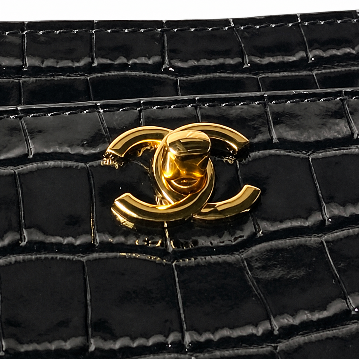 CHANEL Black Patent Croc-Embossed Leather Large Tote Bag CC Turn-Lock