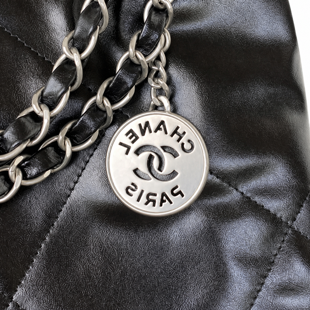 Chanel 22 Large Bag Black Shiny Calfskin Silver Chain CC Medallion 35cm