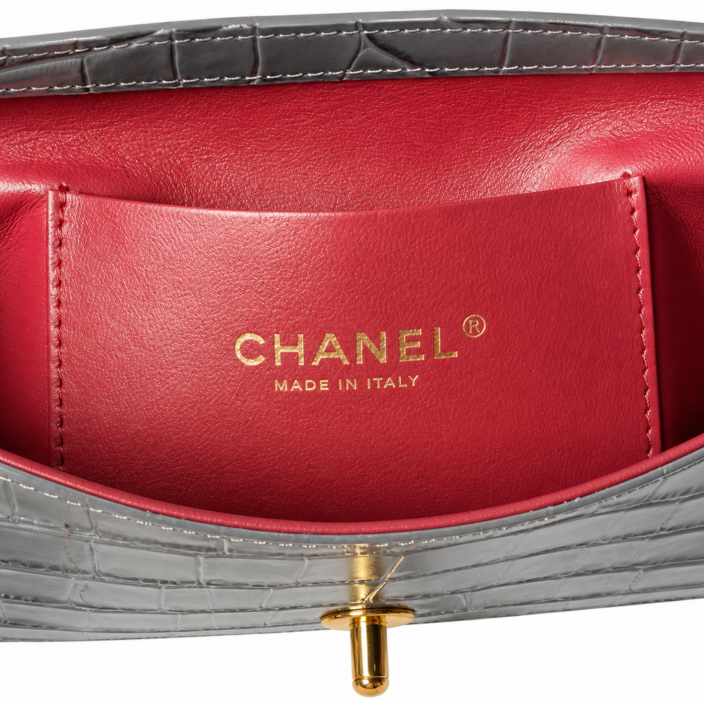 Chanel Flap Bag | Dark Grey Crocodile-Embossed Leather Top Handle & Gold Chain | 19.6cm