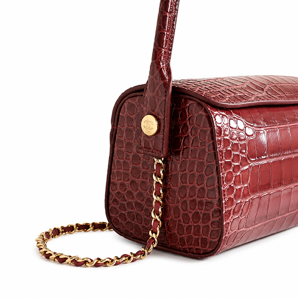 Chanel Deep Red Croc-Embossed Leather Box Flap Crossbody Bag | Gold Chain | 11×23×12.5cm
