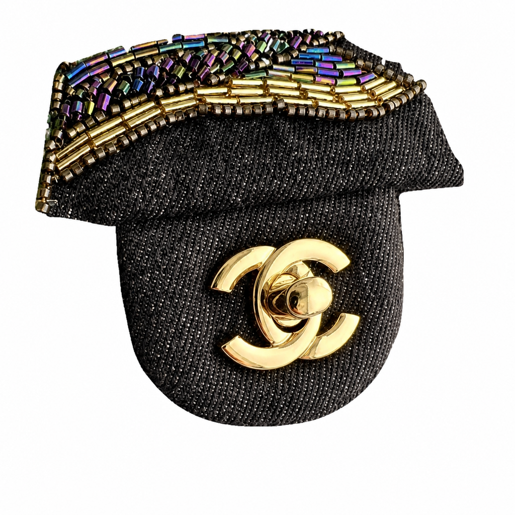 CHANEL Black Denim Sequin Crystal Floral Embroidered Flap Bag