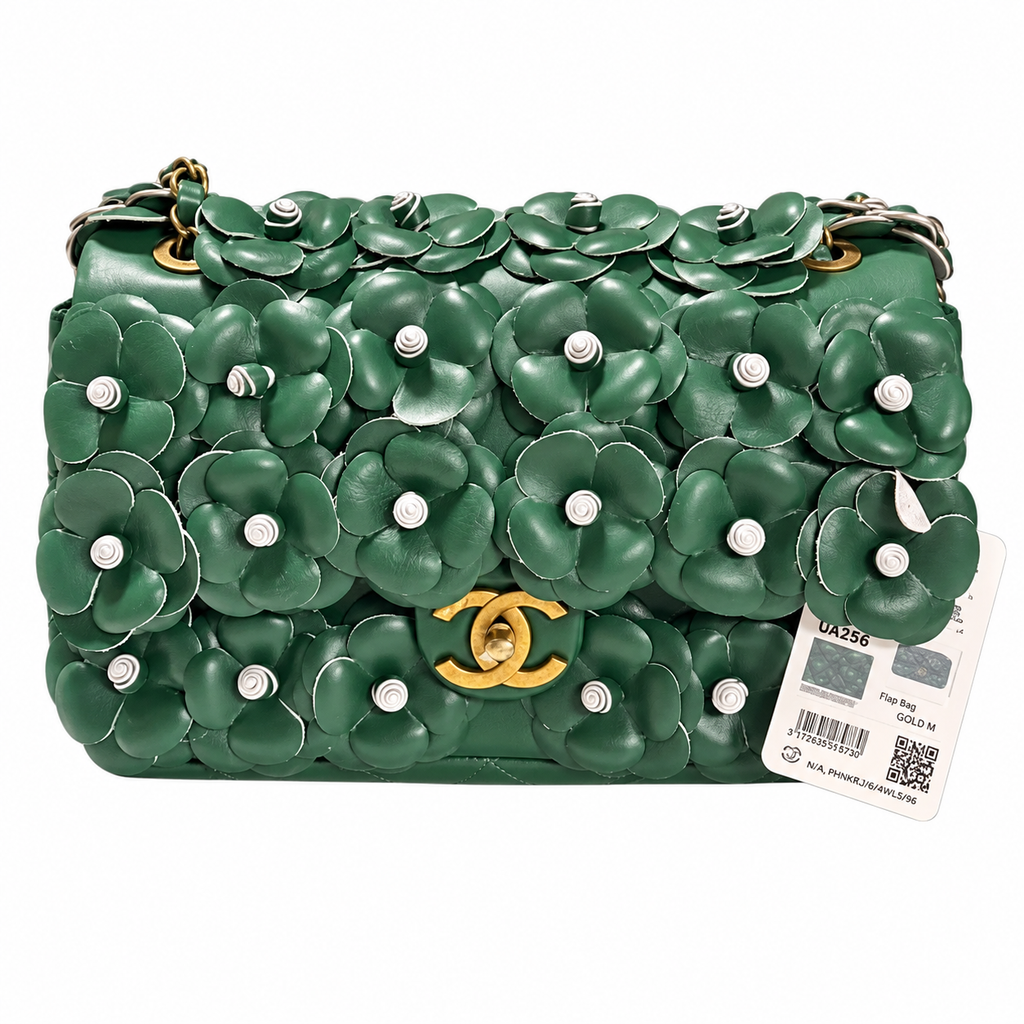 CHANEL Forest Green Camellia Pearl Appliqué Quilted Lambskin Flap Bag