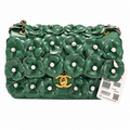 CHANEL Forest Green Camellia Pearl Appliqué Quilted Lambskin Flap Bag