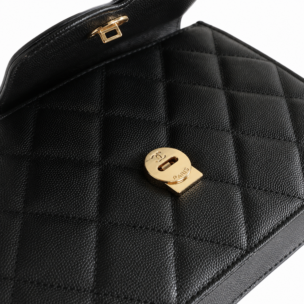 Chanel CC Filigree Quilted Caviar Leather Top Handle Crossbody Bag Black