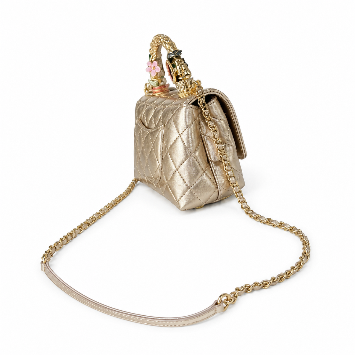 CHANEL Champagne Gold Quilted Leather Jewel Top Handle Flap Bag