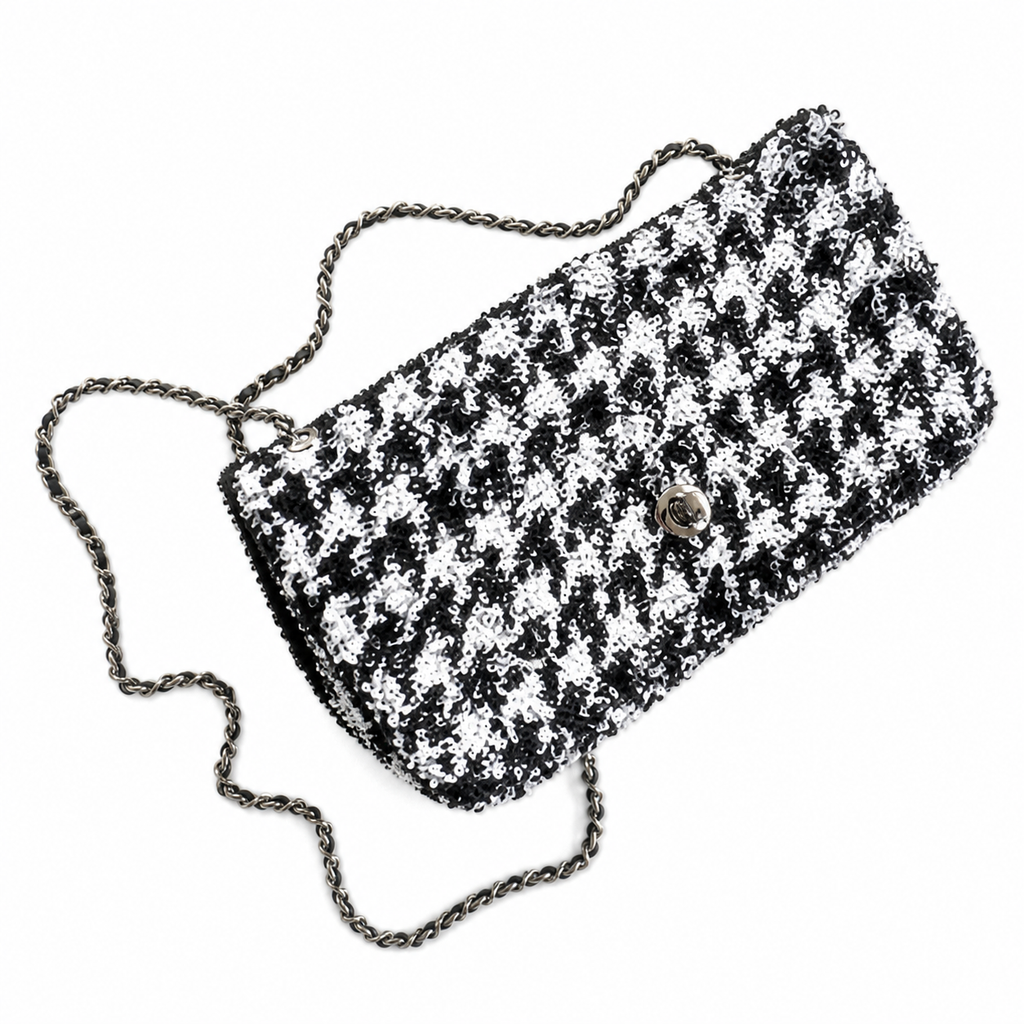 Chanel Black White Sequin Classic Flap Bag Silver CC Chain Crossbody