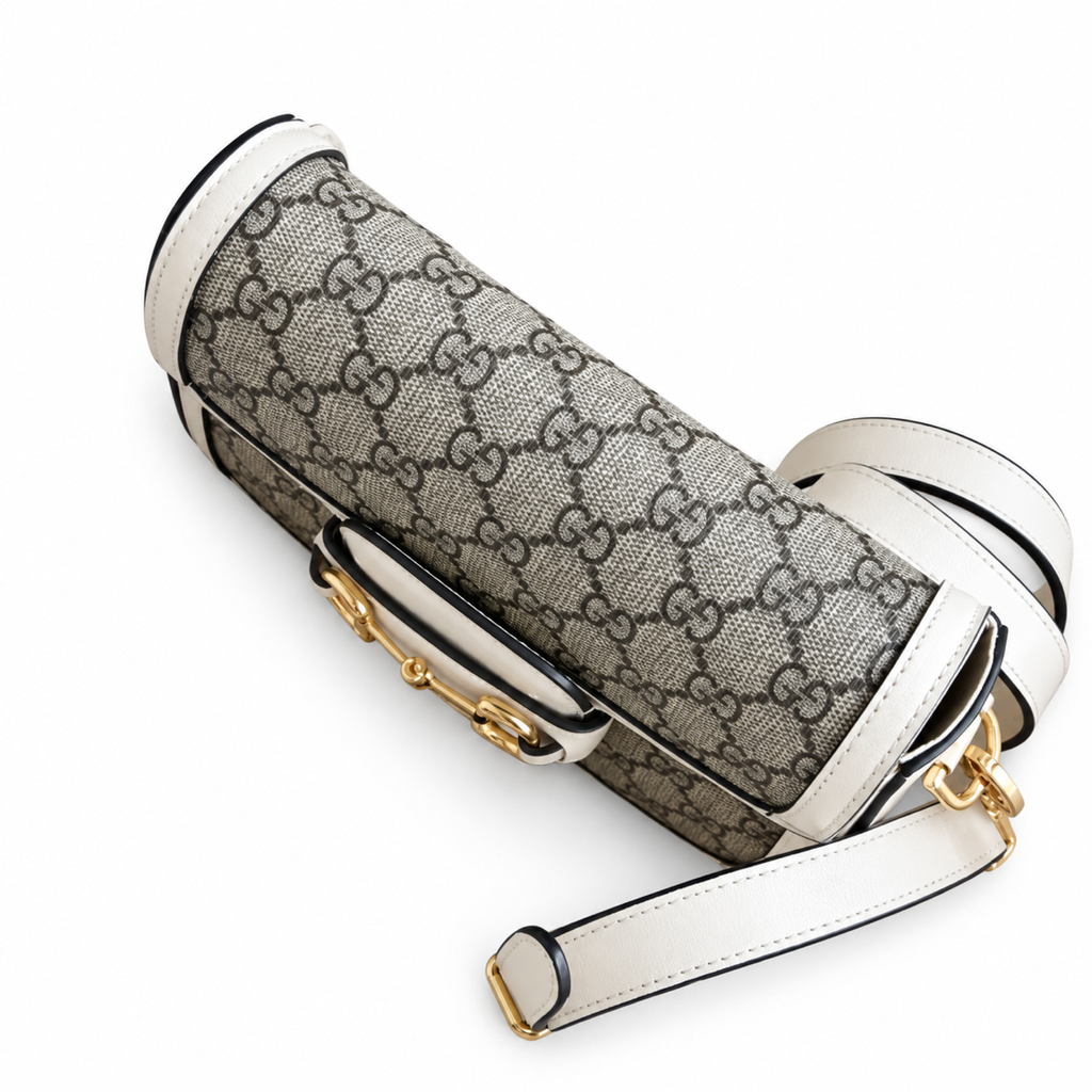 Gucci Horsebit 1955 Mini Bag in GG Supreme Canvas with White Leather Trim