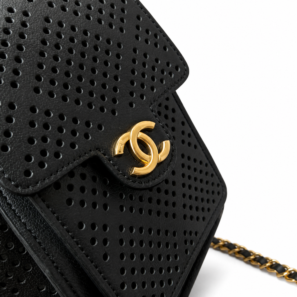 Chanel Black Perforated Leather Drawstring Bucket Bag Antique Gold