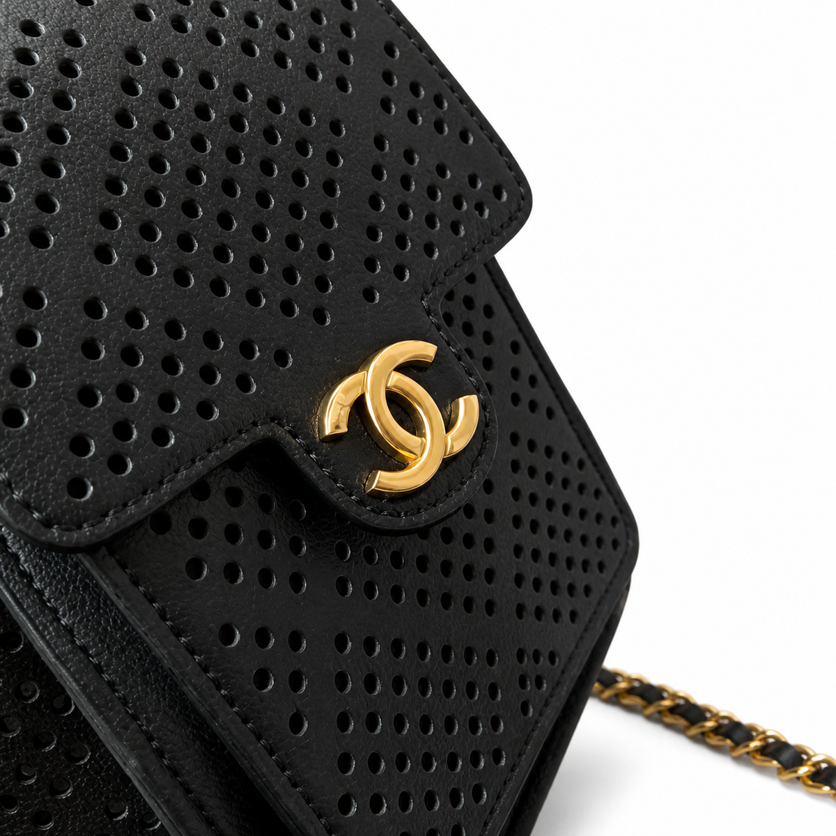Chanel Black Perforated Leather Drawstring Bucket Bag Antique Gold