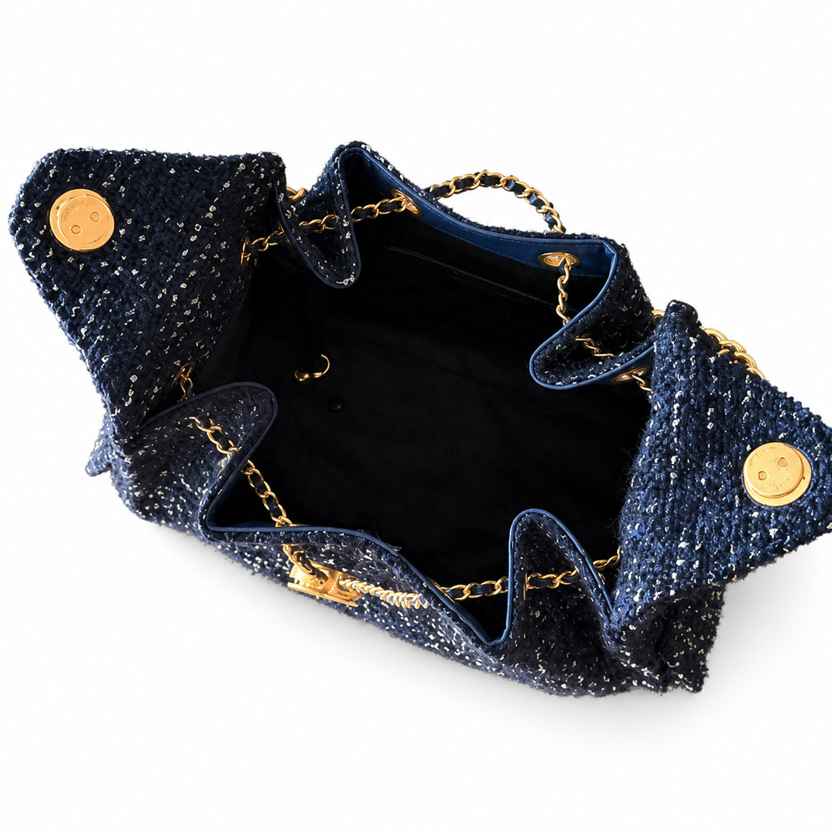 Chanel Navy Sequin Tweed Drawstring Bucket Bag Gold Chain