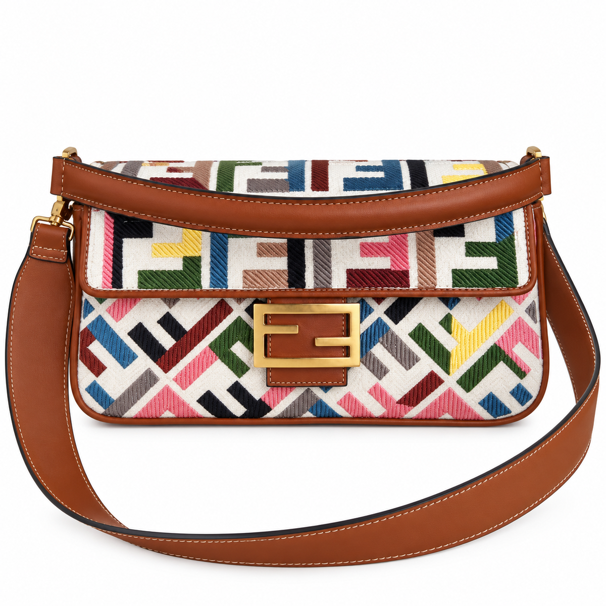 Fendi FF Shoulder Bag – Jacquard Canvas & Leather Trim, Flap Closure, 26cm