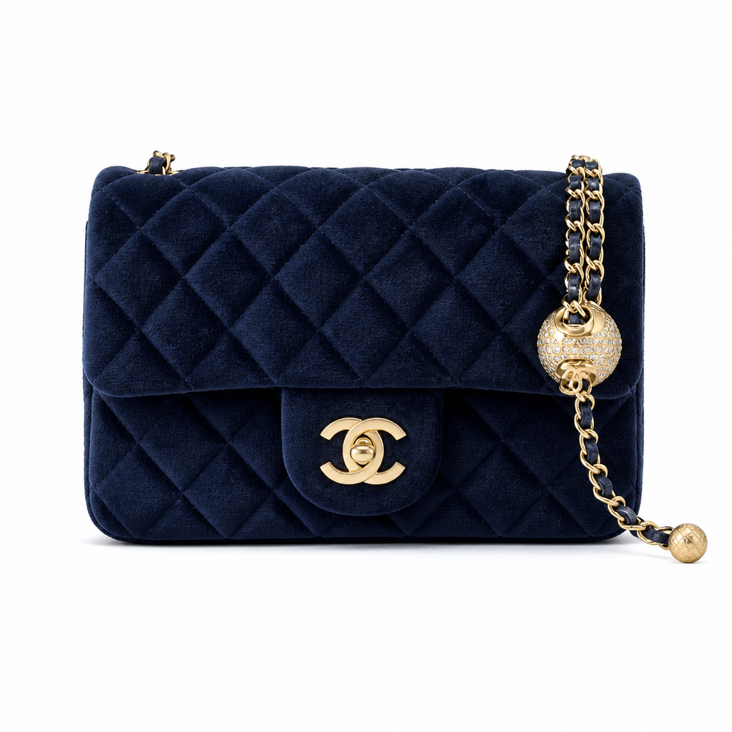 Chanel Pearl Crush Mini Square Flap Bag Navy Blue Velvet Gold Pearl Chain 18cm