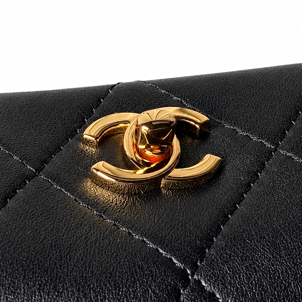 Chanel Top Handle Crossbody Bag | Black Quilted Lambskin Camellia Clasp Gold Chain | 23cm