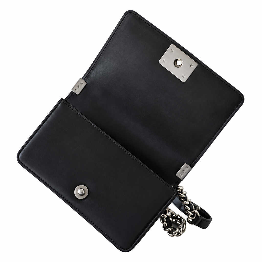 Chanel Boy Bag Small Black Quilted Calfskin Ruthenium Silver Hardware Chunky Chain Logo Plate 20cm