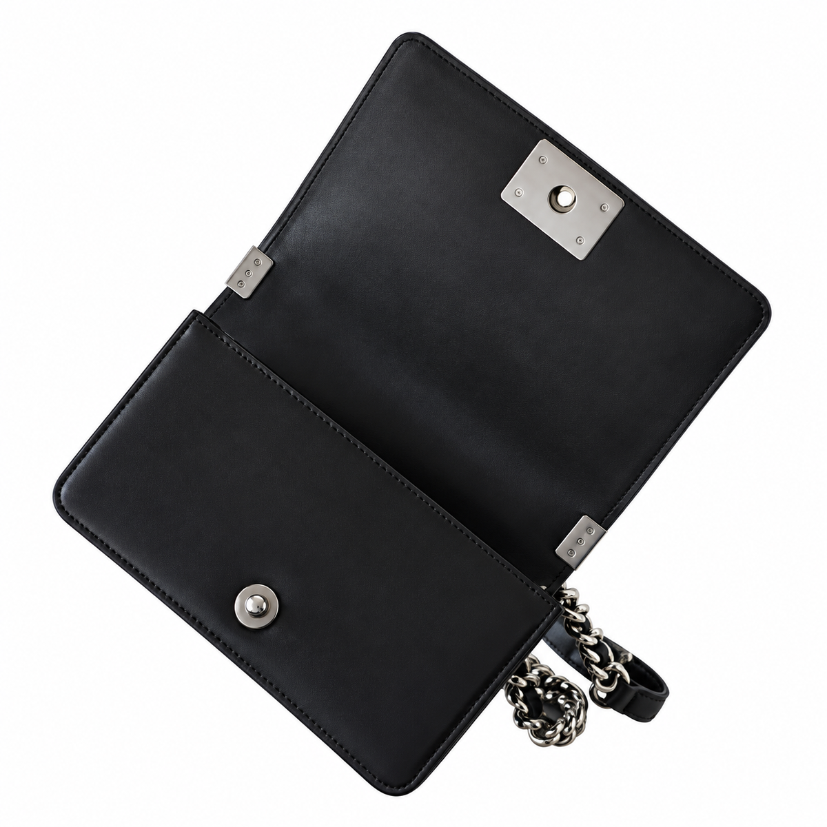 Chanel Boy Bag Small Black Quilted Calfskin Ruthenium Silver Hardware Chunky Chain Logo Plate 20cm