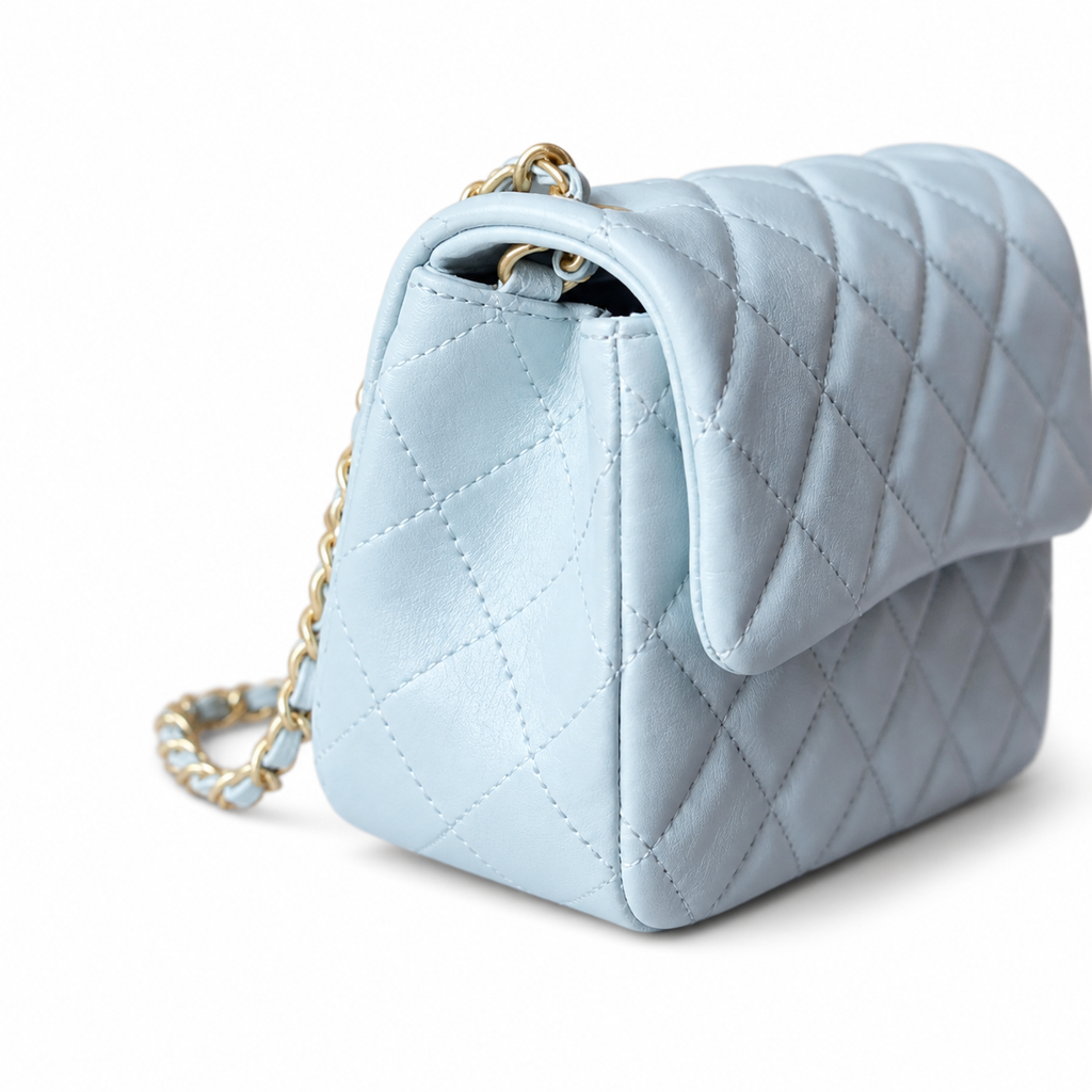 Chanel Classic Mini Flap Bag Ice Blue Quilted Lambskin Gold CC Turn-Lock Chain 20cm