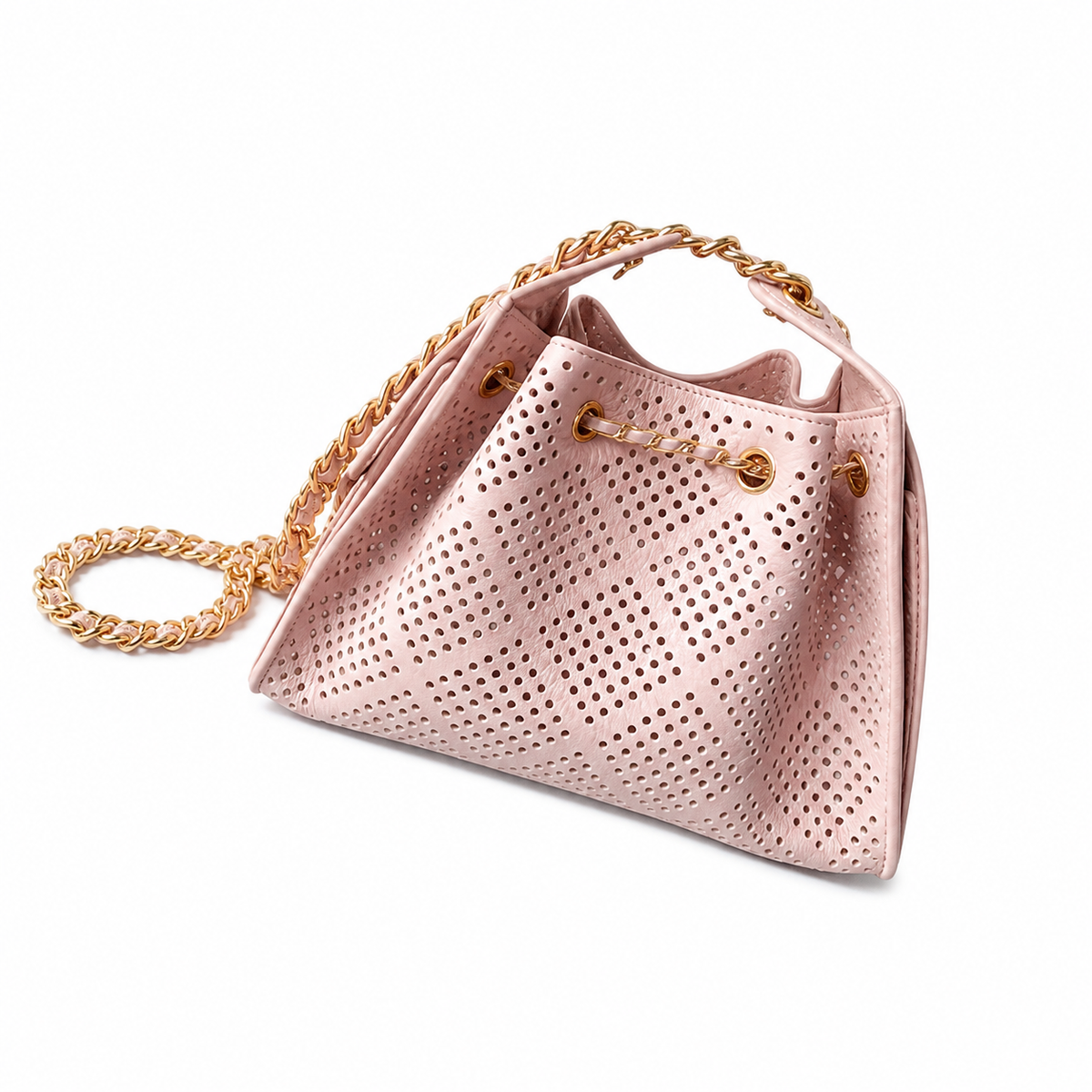 Chanel Pink Perforated Leather Drawstring Bucket Bag Gold Chain