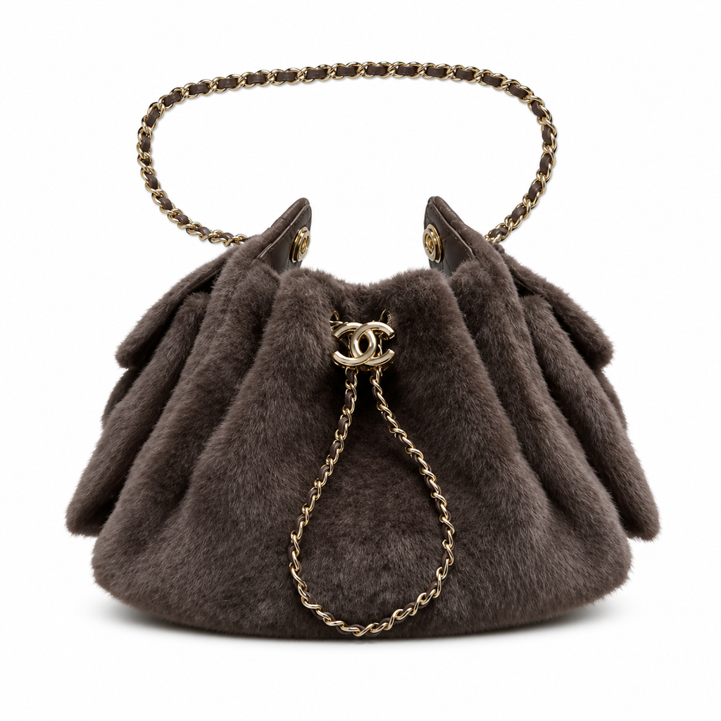 Chanel Brown Faux Fur Drawstring Bucket Bag Gold CC Logo Chain