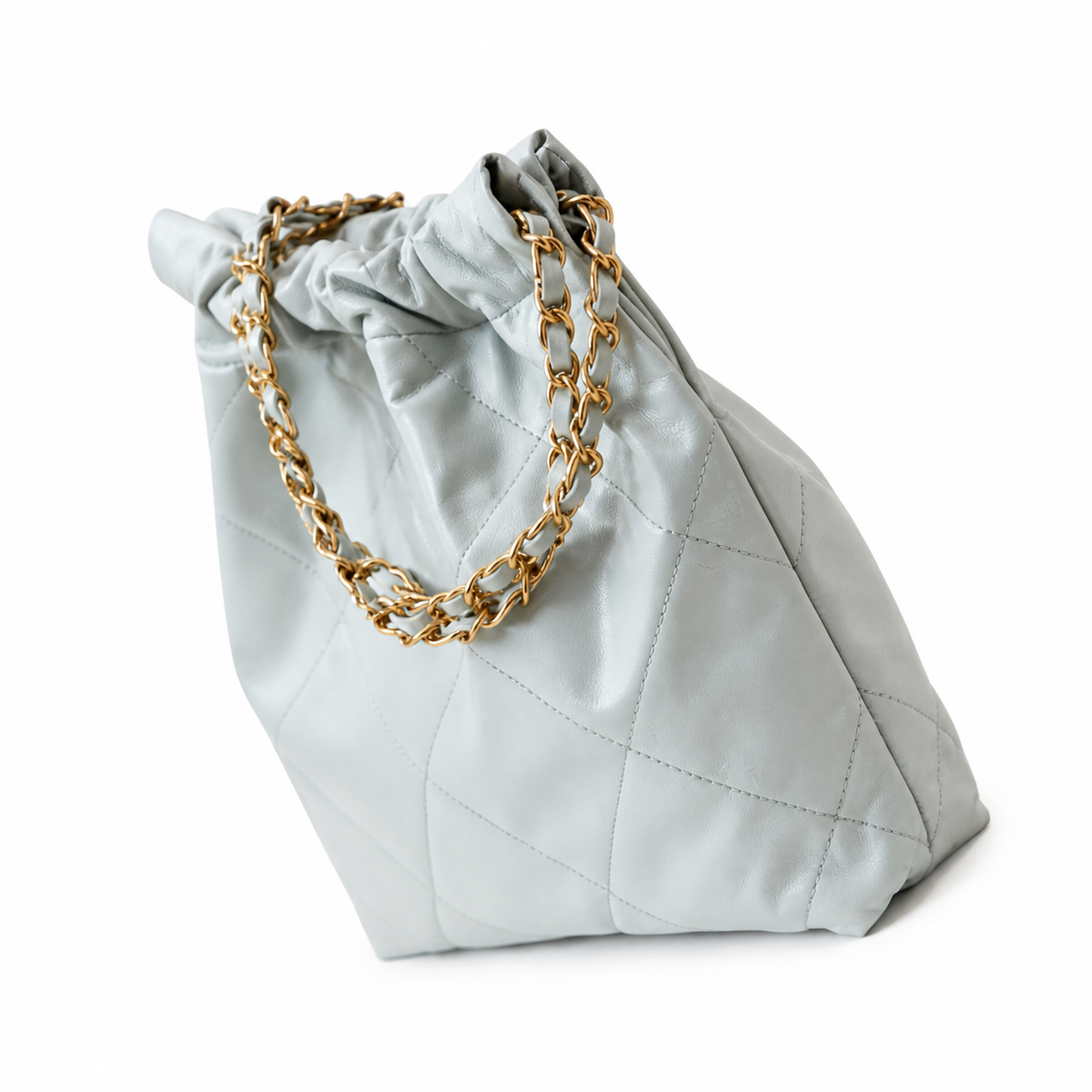Chanel 22 Large Bag Pale Blue Grey Quilted Calfskin Gold Chain CC Medallion 35cm