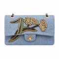CHANEL Blue Denim Crystal Floral Embroidered Flap Chain Bag