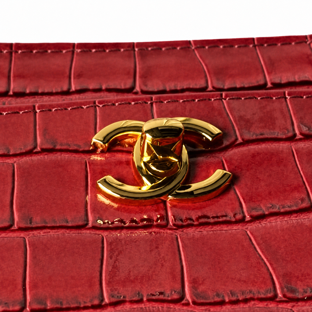 CHANEL Burgundy Croc-Embossed Leather Large Tote Bag CC Gold Badge