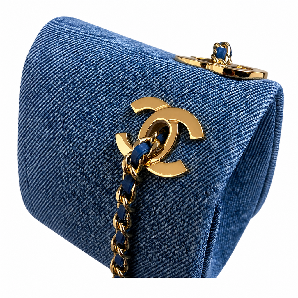 CHANEL Blue Denim Quilted Classic Flap Bag Dual CC Gold Chain