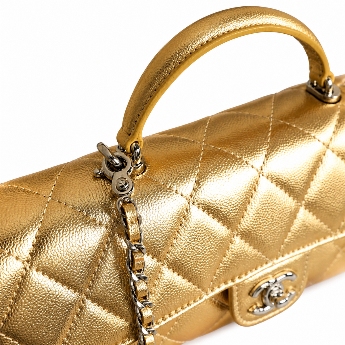 Chanel Gold Quilted Metallic Leather Elongated Flap Bag | CC Lock | 9.5×25×5cm