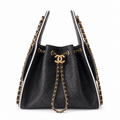 CHANEL Drawstring Bucket Bag – Black Caviar Leather White Trim Gold CC Chain 26×13.5×30cm