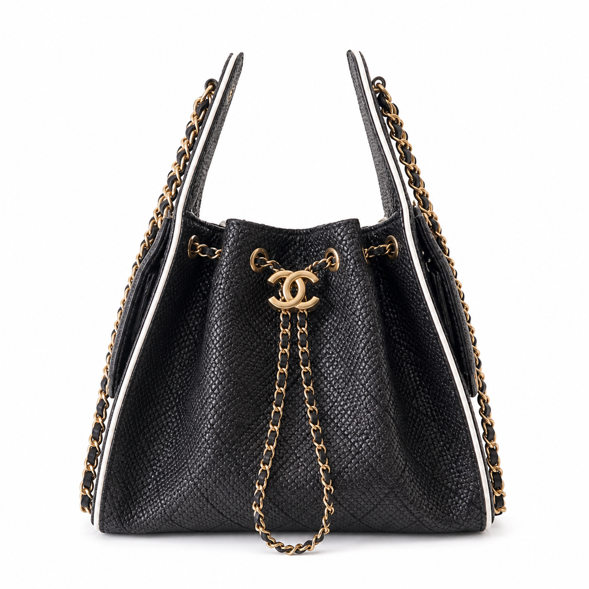 CHANEL Drawstring Bucket Bag – Black Caviar Leather White Trim Gold CC Chain 26×13.5×30cm