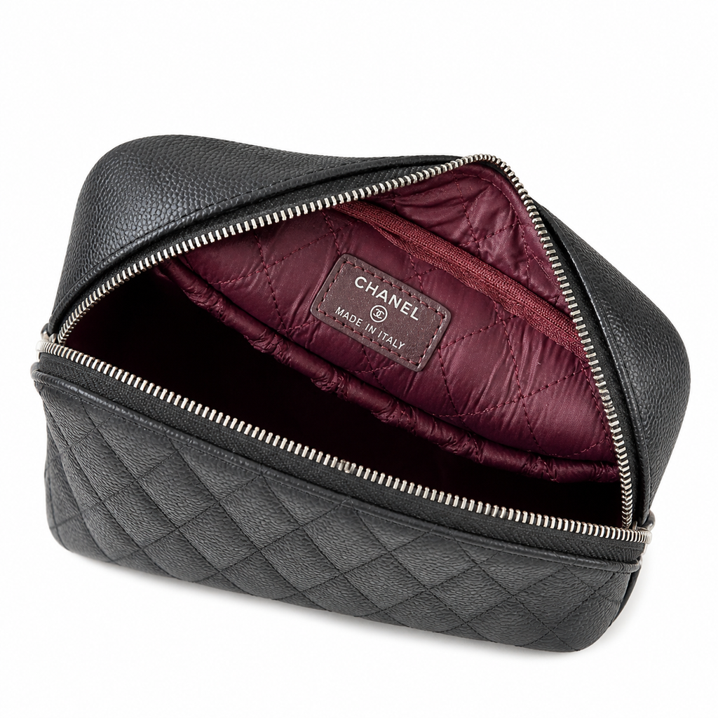 Chanel Black Caviar Quilted Zip-Around Vanity Case Silver CC Logo Double Zipper Silver Hardware 21cm