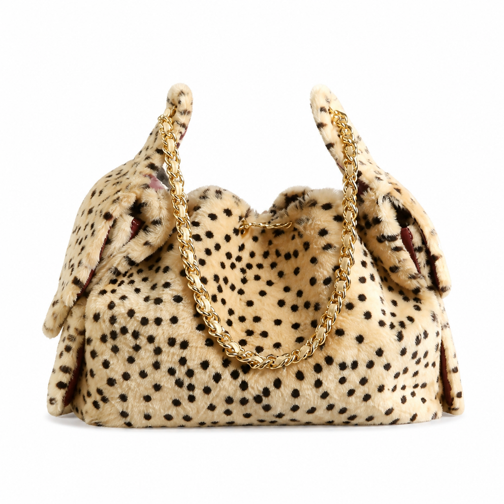 Chanel Spotted Faux Fur Fluffy Flap Bag Beige Black Gold Chain