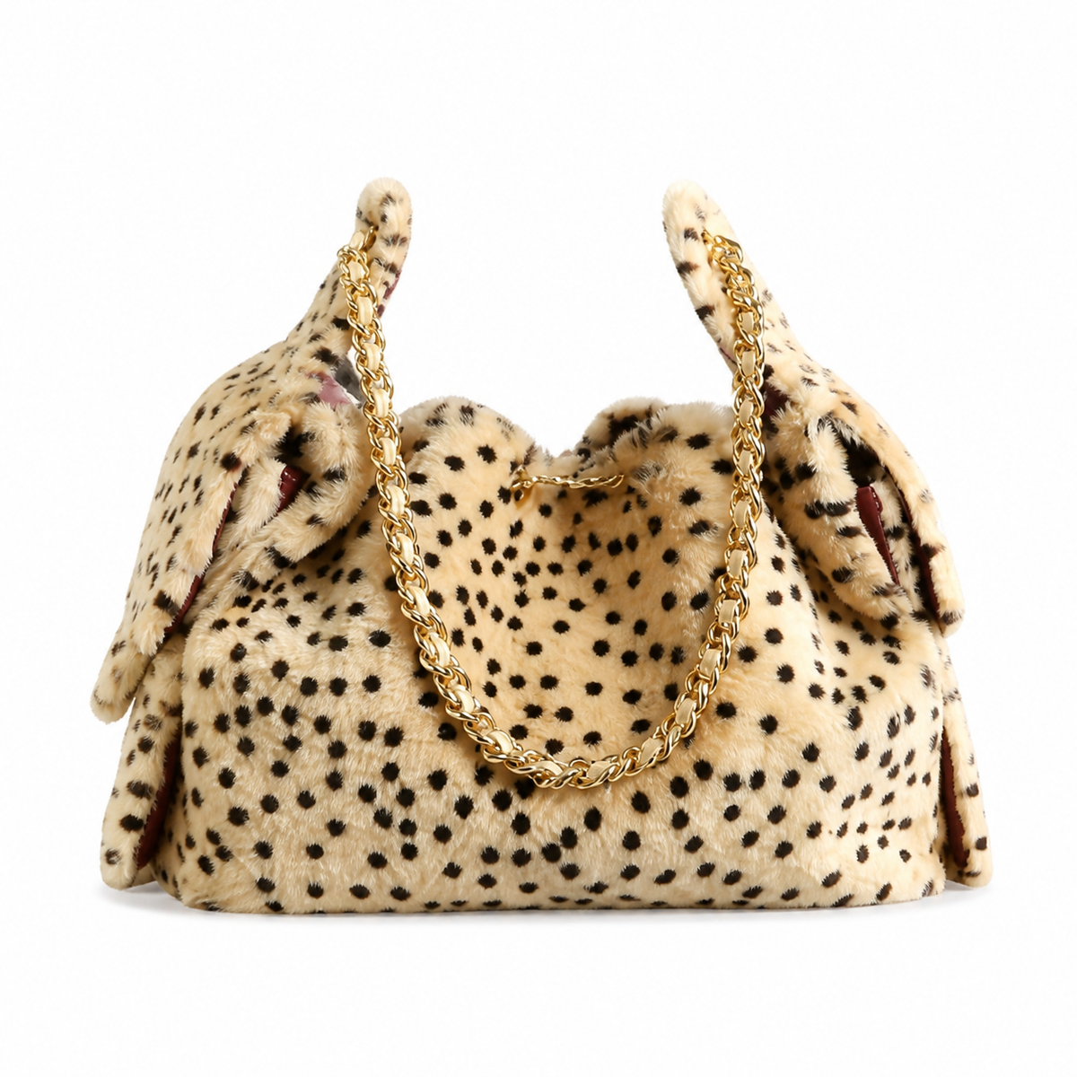 Chanel Spotted Faux Fur Fluffy Flap Bag Beige Black Gold Chain