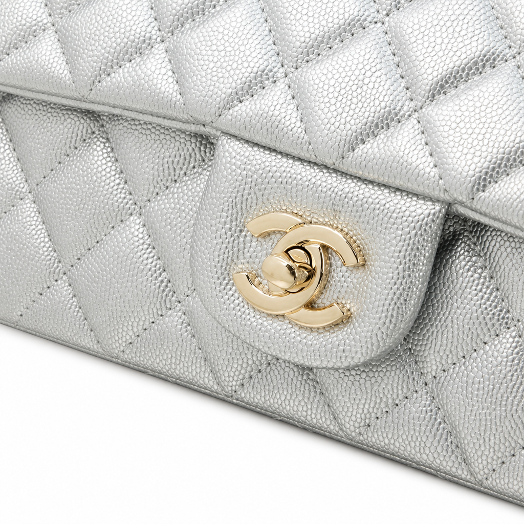 CHANEL Silver Metallic Quilted Lambskin Top Handle Mini Flap Chain Bag