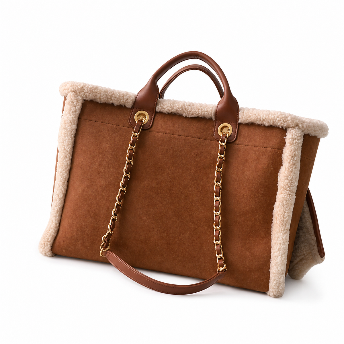 CHANEL Deauville Shopping Tote – Caramel Brown Suede Ivory Shearling Trim Gold Hardware 38cm