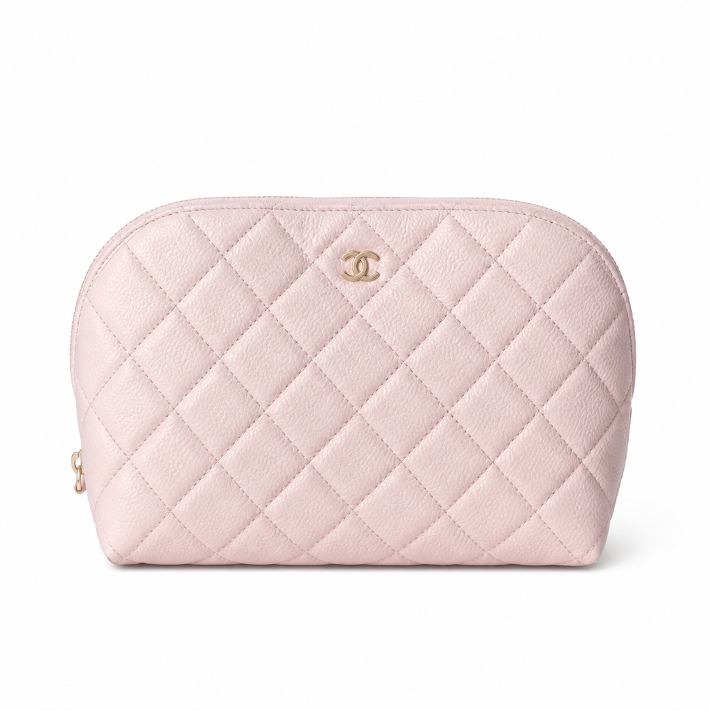 Chanel Light Pink Quilted Caviar Clamshell Cosmetic Pouch Beauty Case Gold CC Logo Gold Zipper 19cm
