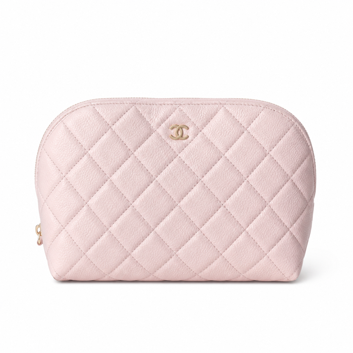Chanel Light Pink Quilted Caviar Clamshell Cosmetic Pouch Beauty Case Gold CC Logo Gold Zipper 19cm