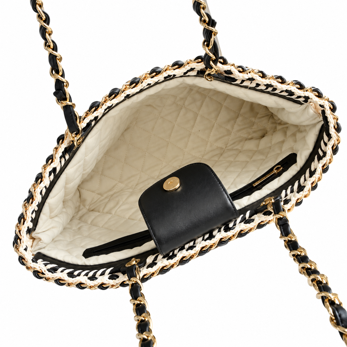 Chanel Black & White Woven Tweed Shopping Tote Bag | Gold CC Chain Handles | 28×20×13cm