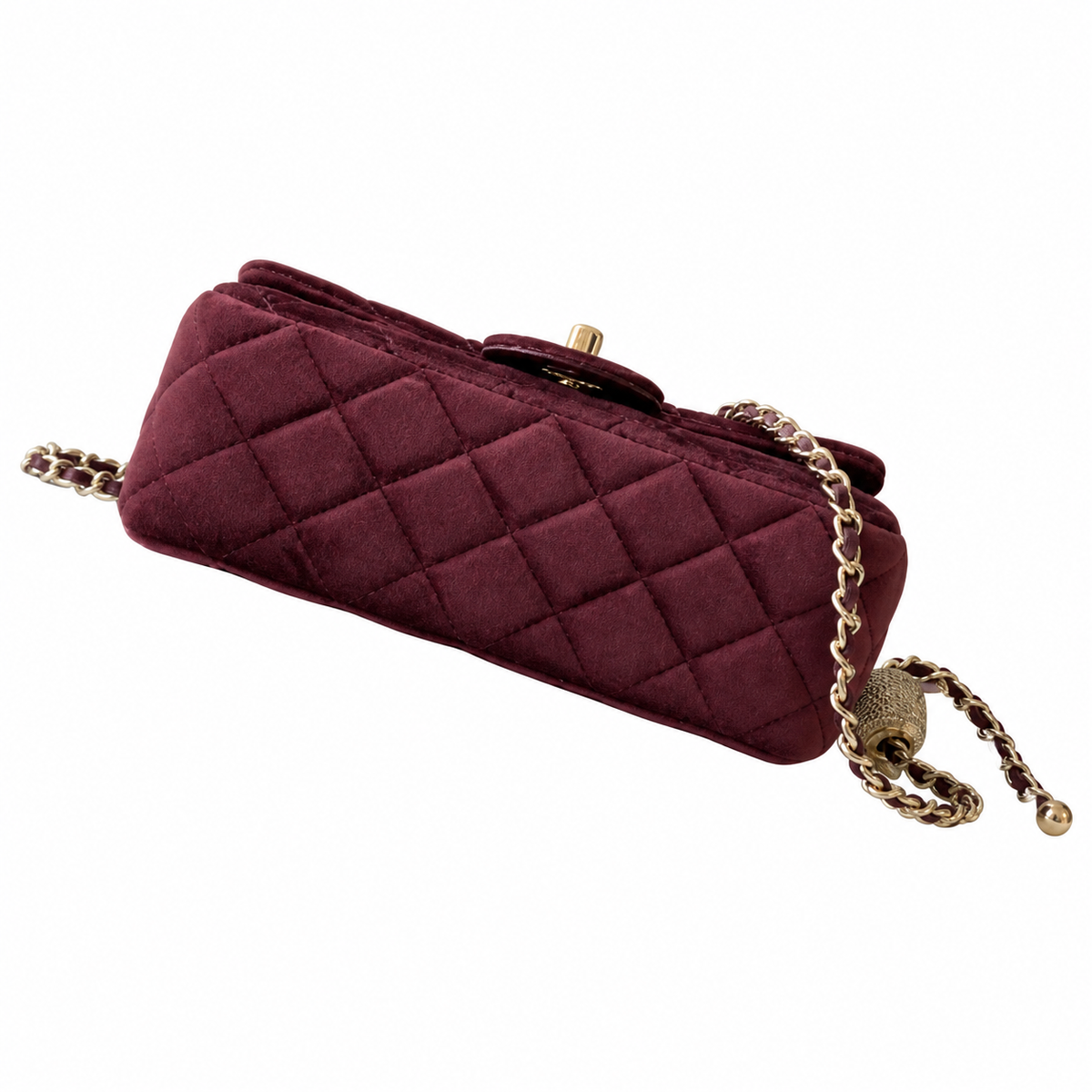 Chanel Pearl Crush Mini Square Flap Bag Burgundy Velvet Crystal Pearl Ball Chain 18cm