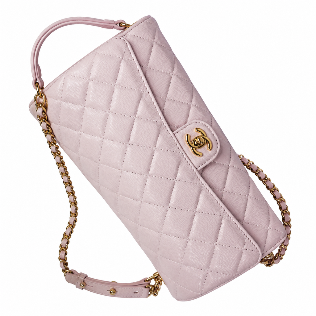 Chanel Petal Pink Diamond-Quilted Lambskin Elongated Flap Bag | Gold Heart Charms & Gold Chain