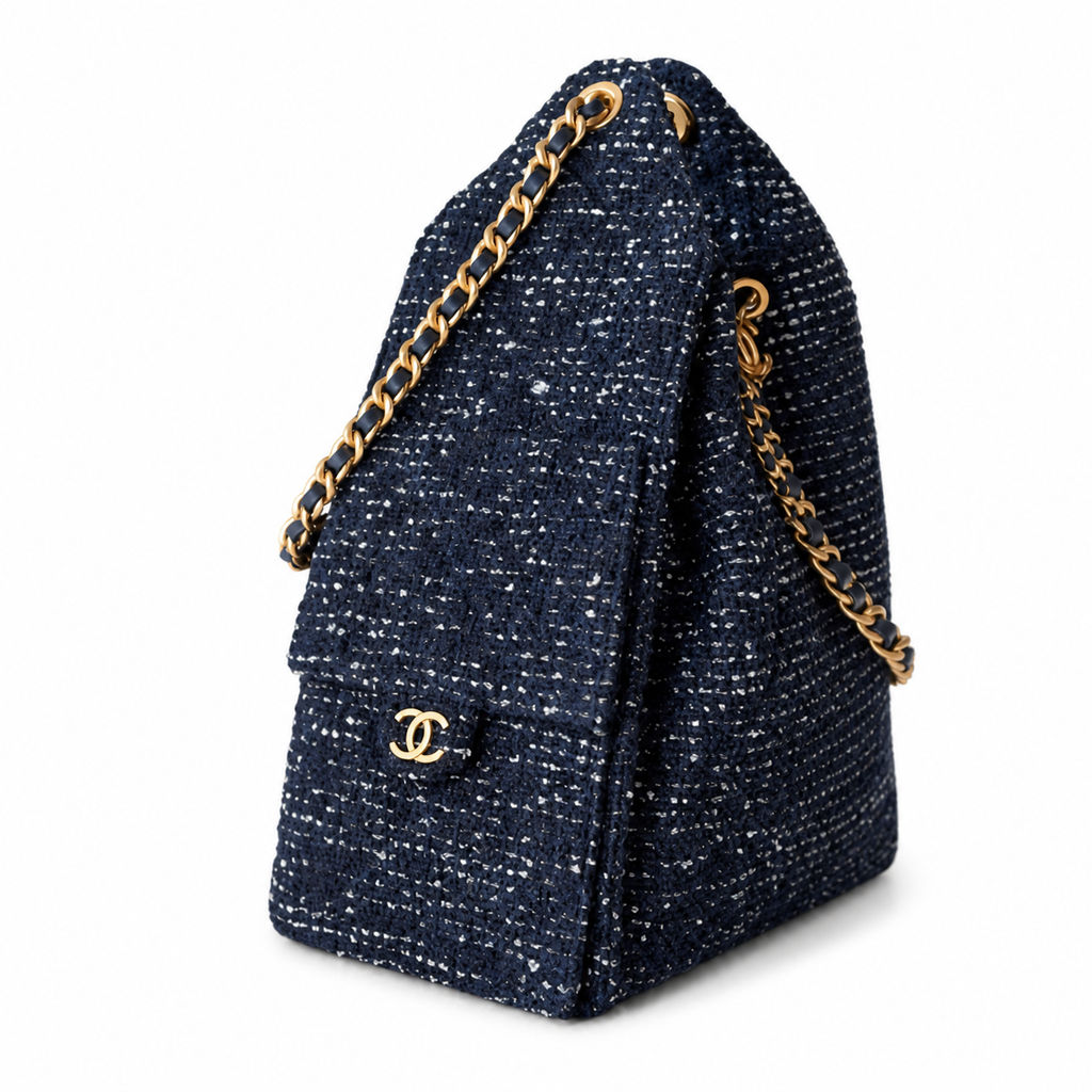 Chanel Navy Sequin Tweed Drawstring Bucket Bag Gold Chain