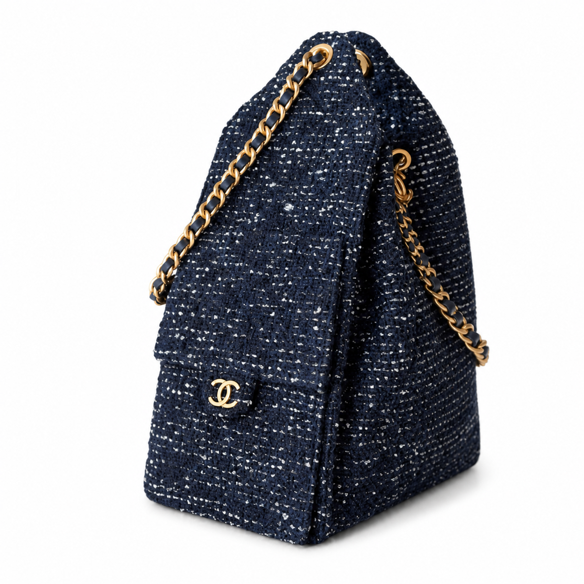 Chanel Navy Sequin Tweed Drawstring Bucket Bag Gold Chain