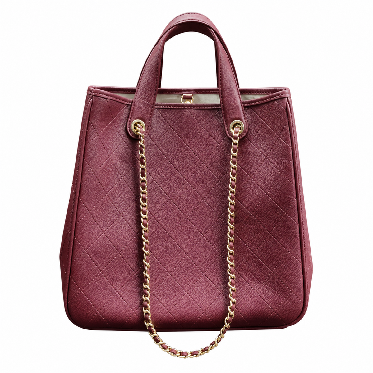 Chanel Large Shopping Tote Bag | Burgundy Calfskin Gold CC Logo & Chain Strap