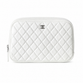 Chanel White Caviar Quilted Zip-Around Vanity Travel Case Silver CC Logo Engraved Zipper Pull Silver Hardware 21cm