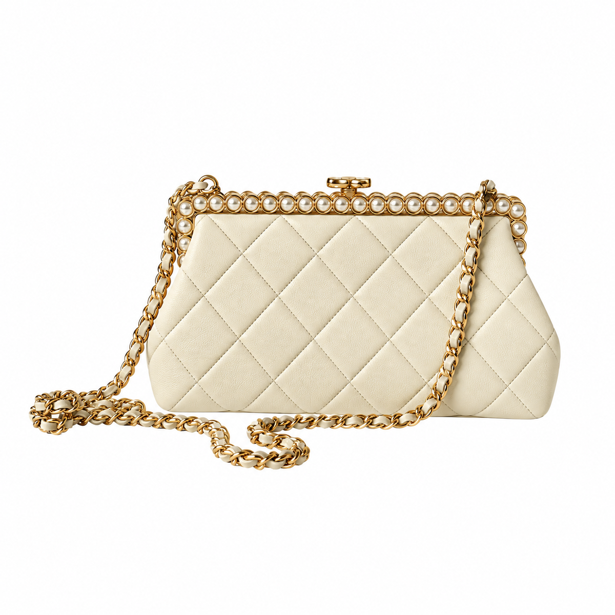 Chanel Pearl Frame Quilted Clutch Cream 10×20×7cm