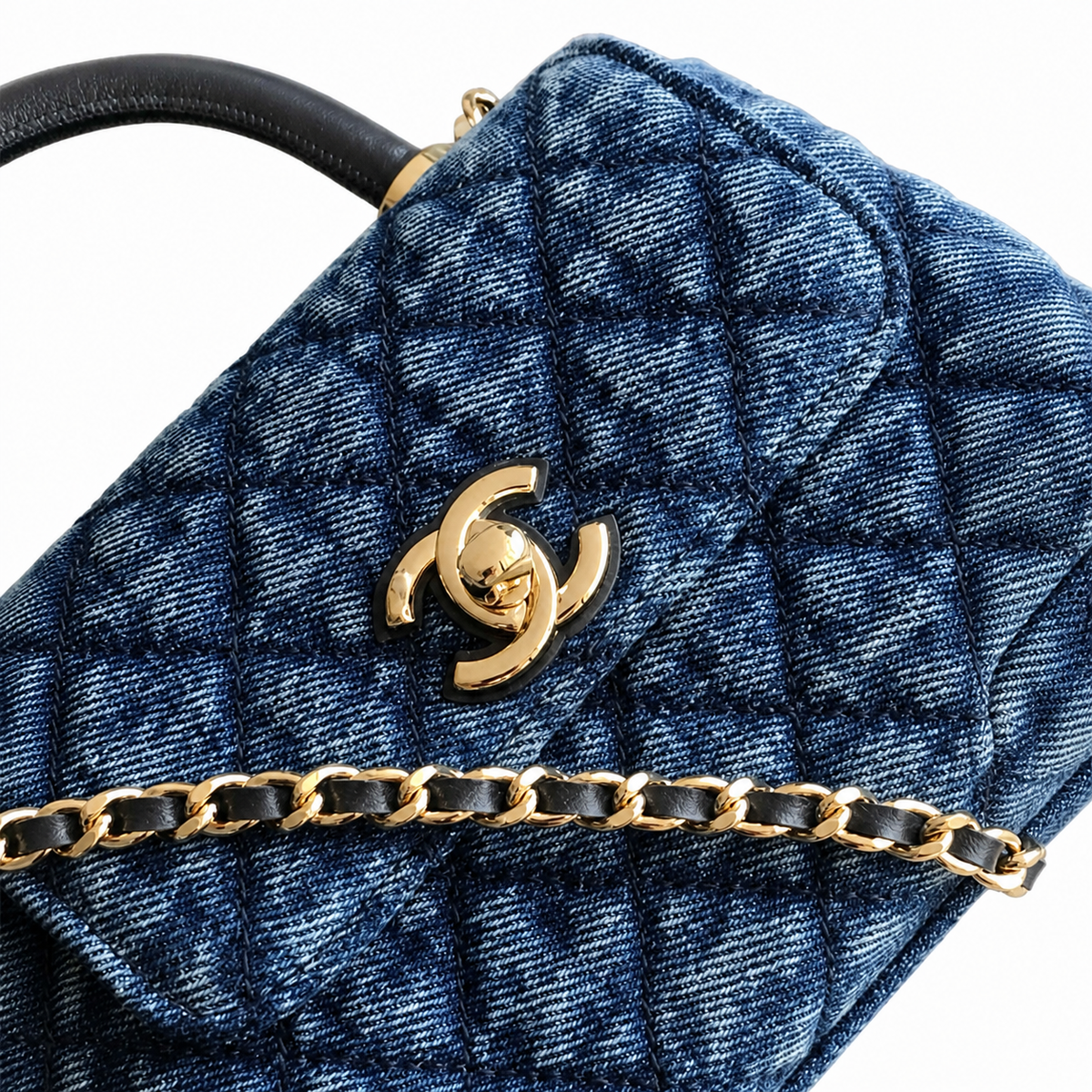 Chanel Navy Blue Denim Quilted Coco Handle Mini Flap Bag | Gold Chain | 11.5×14.5×5.5cm