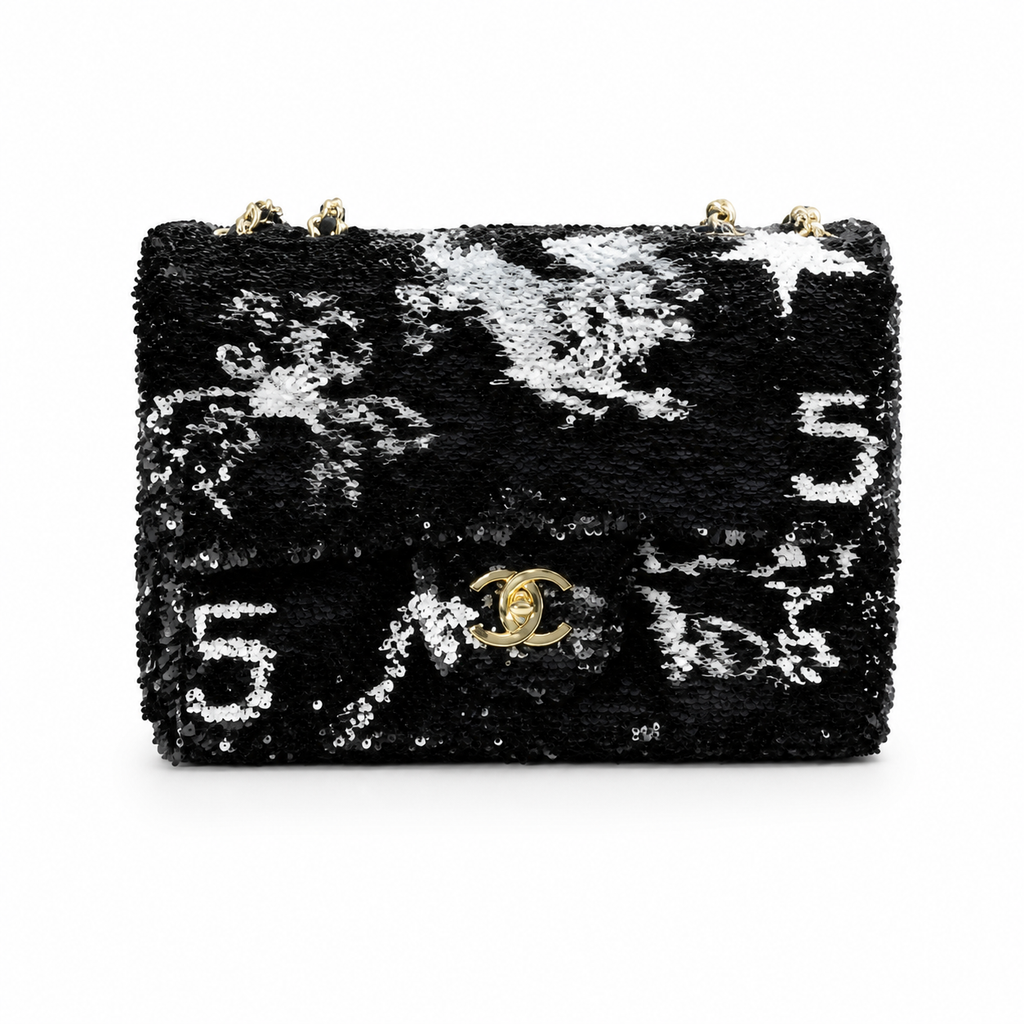 Chanel Sequin Flap Bag | Black & Silver Floral Sequin Gold Chain Strap | 21cm