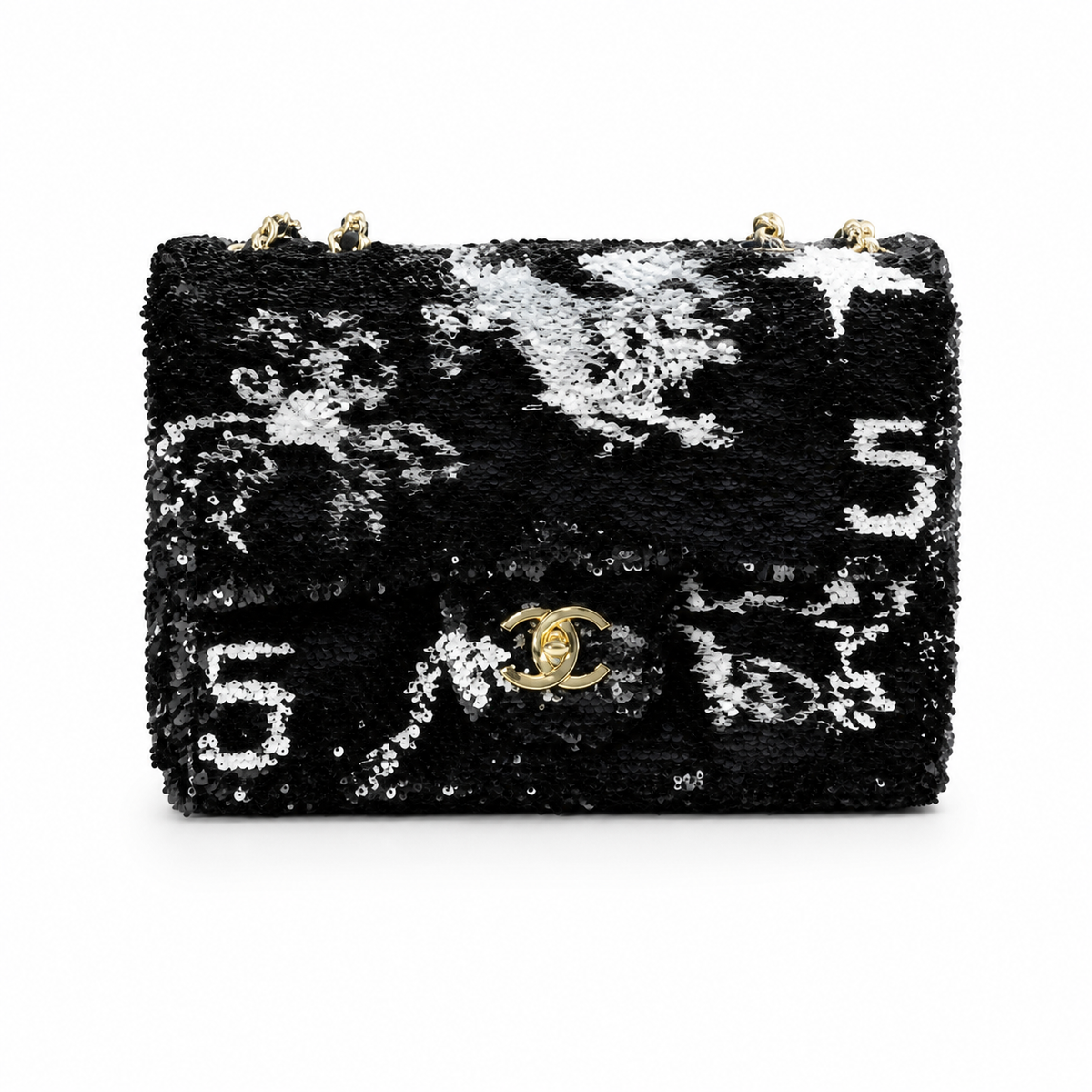Chanel Sequin Flap Bag | Black & Silver Floral Sequin Gold Chain Strap | 21cm