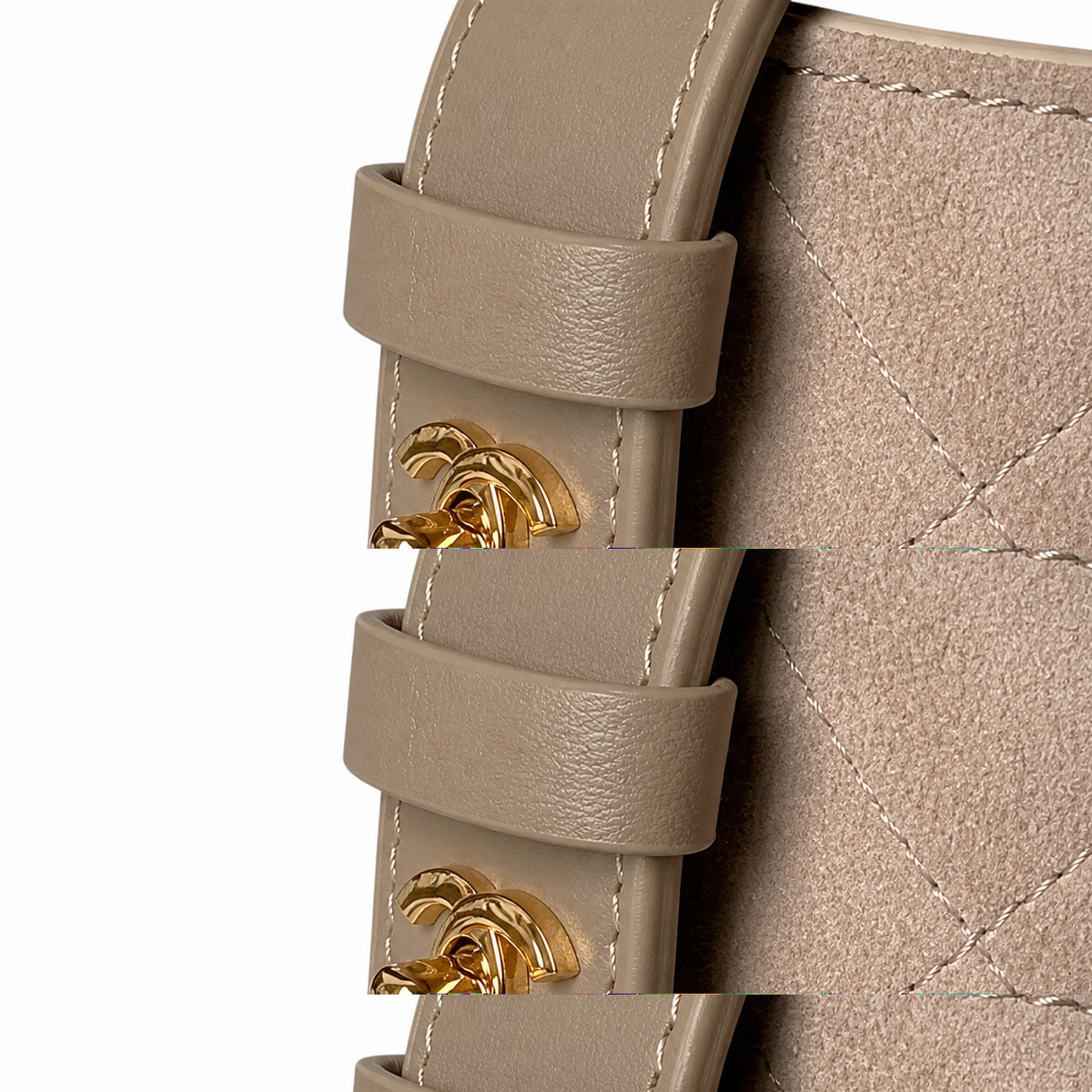 Chanel Greige Suede Quilted Square Shoulder Bag | Braided Leather & Gold Ring Charm | Adjustable Strap | 27.5×21×10cm